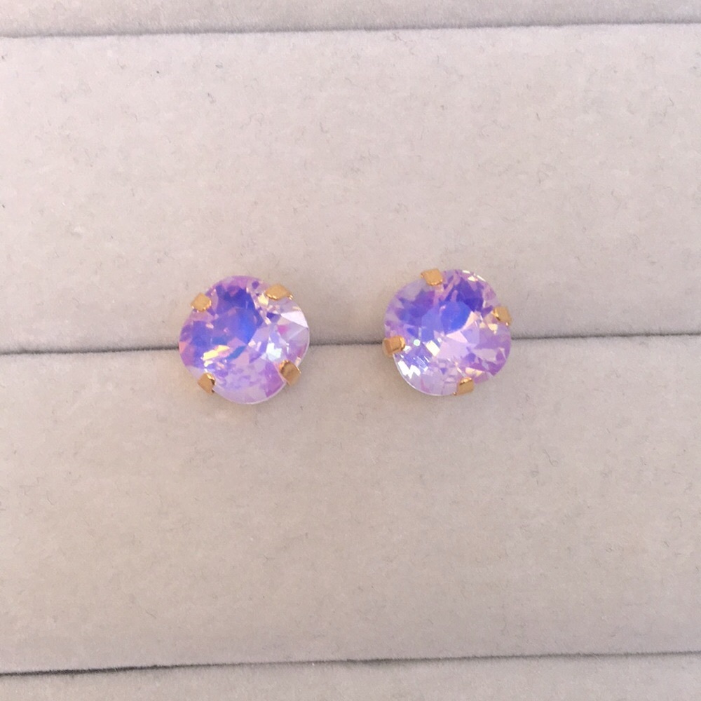 Lilac Purple Opal Aurora Borealis + Gold Cushion Cut Crystal Earrings - Picture 1 of 8